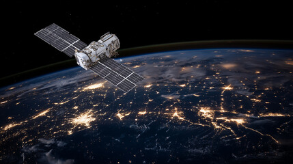 Close-up of a satellite with expansive solar panels gliding above Earth at night, Europe illuminated with sparkling city lights, symbolizing global communication and advanced techn