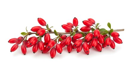 Fresh Barberry Branch with Red Berries and Green Leaves Isolated.