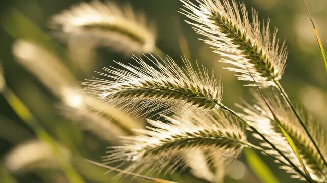 Extreme slow motion close-up of delicate foxtail grass heads oscillating gently against a bokeh background showcasing fine detail and organic movement environment, soft focus, fine detail