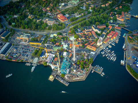 Aerial View Over Stockholm City at Golden Hour Summer Sunset