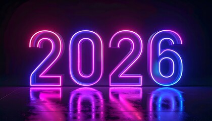 2026 neon text sign with vibrant blue and pink light on reflective surface for future themes
