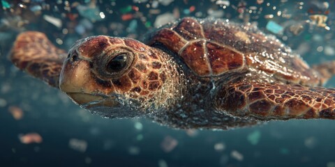 Fototapeta premium Sea Turtle Swimming Amid Ocean Pollution and Plastic Waste