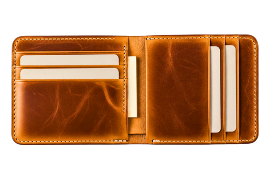Open brown leather bifold wallet with white blank cards in slots on isolated background