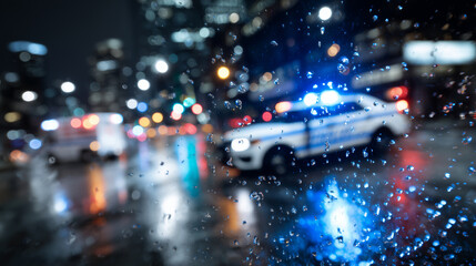 Close-up of flashing lights reflecting off slick asphalt and raindrops on vehicle surfaces, police and ambulance parked at the scene of a nighttime accident