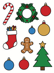 Naklejka premium An illustration of various Christmas elements such as wreath candy cane stocking gingerbread man and ornaments