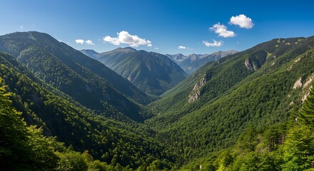 Majestic Mountain Vista - Lush Green Valley Under Blue Sky.