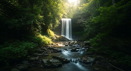 Majestic Waterfall Cascading Through Lush Green Forest.