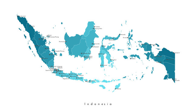 Vector isolated illustration of simplified administrative map of Indonesia. Borders of the provinces, tag of big cities. Colorful blue shapes of islands