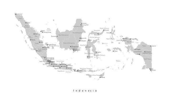 Vector isolated illustration of simplified administrative map of Indonesia. Borders and names of the provinces, tag of big cities. Grey shapes of islands