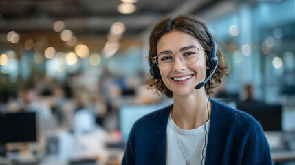 Customer service agent in headset answering calls, animatedly engaged in conversation, contemporary call center with organized desks, glass partitions, and natural sunlight floodin