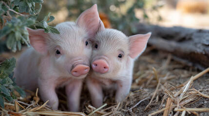 Playful pink piglets nuzzling on a sunny farm, straw, and fresh greenery around them, warm natural light emphasizing their gentle, affectionate expressions