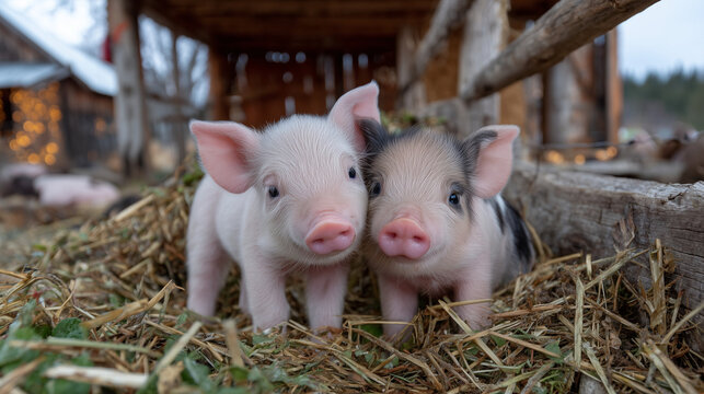 Playful piglets with floppy ears touching noses, green grass and rustic barn in the background, morning dew glistening on the straw - Powered by Adobe