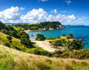 Picturesque coastal landscape featuring a pristine beach and lush greenery in New Zealand