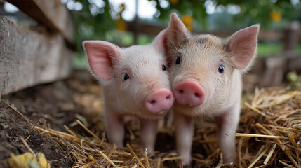 Close-up of piglets&acirc; snouts meeting gently, farmyard straw scattered around, soft focus on background elements like wooden fence and greenery