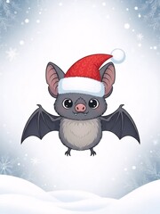Cute cartoon bat wearing Santa hat. Funny kawaii animal character for Merry Christmas and New Year holiday greeting card. Winter season illustration.