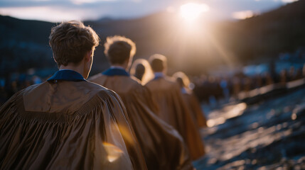 Line of students walking in unison towards the ceremony, golden hour highlighting the folds of their gowns, soft lens flare from the low sun adding cinematic warmth