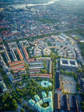 Aerial View Over Stockholm City at Golden Hour Summer Sunset