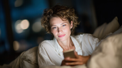 Woman resting her head on a pillow while holding a glowing smartphone above her, shadows creating dramatic contrast, tired expression under blue light, late-night tech use theme