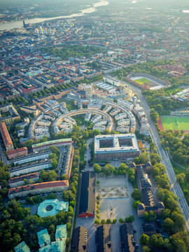 Aerial View Over Stockholm City at Golden Hour Summer Sunset