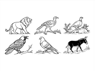 coloring page line art the animal and bird black vector bundle