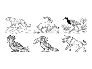 coloring page line art the animal and bird black vector bundle