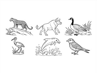 coloring page line art the animal and bird black vector bundle