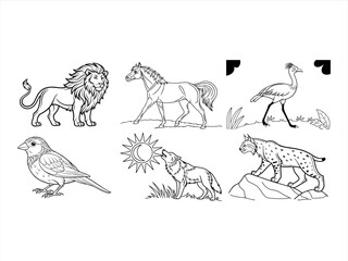 coloring page line art the animal and bird black vector bundle