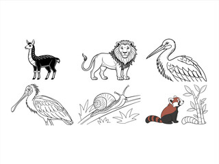 coloring page line art the animal and bird black vector bundle