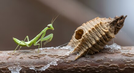 Young Green Praying Mantis Nymph Inspecting Ootheca Egg Case on Branch Macro