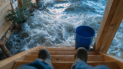 View from the top of wooden stairs looking down into a flooded basement, natural light reflecting off the water, blue bucket in the center of the space, minimalist interior design