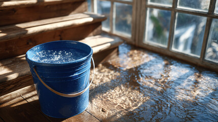 Naklejka premium Close-up of flooded basement floor with a vibrant blue bucket, wooden stairs on the side, sunlight filtering through large panes creating reflections and airy ambiance
