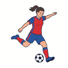 Obraz premium A female soccer player in action, kicking the ball with dynamic movement in a sports setting.