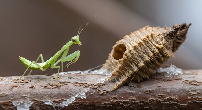 Young Green Praying Mantis Nymph Inspecting Ootheca Egg Case on Branch Macro