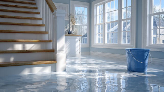 Bright basement interior flooded with shallow water, wooden stairs leading up, soft daylight from large windows highlighting clean surfaces and a solitary blue bucket