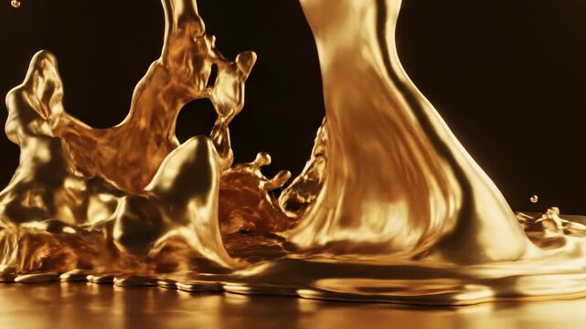 Extremely slow motion golden liquid metal swirling and stretching smoothly against a dark abyss creating an elegant temporal flow background elegant, slow, fluid
