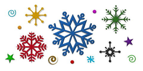 A collection of colorful snowflakes and spirals scattered on a transparent background for winter themes
