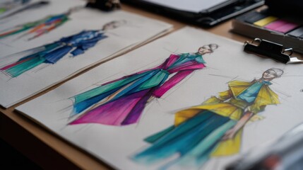 Fashion design sketches on a desk