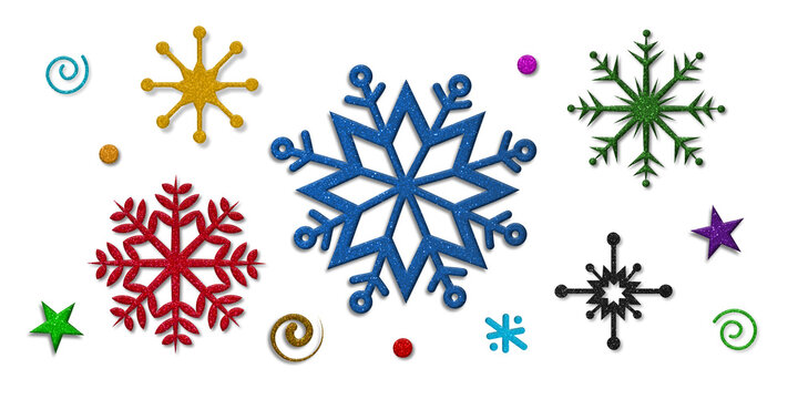 A collection of colorful snowflakes and spirals scattered on a transparent background for winter themes