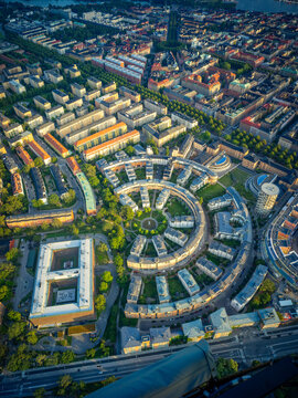 Aerial View Over Stockholm City at Golden Hour Summer Sunset