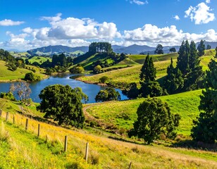 Picturesque rural landscape featuring rolling green hills and a tranquil lake