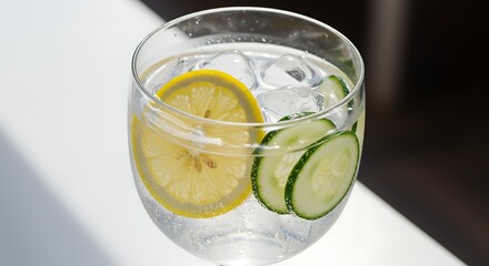 Refreshing Gin and Tonic with Lemon and Cucumber Slices.