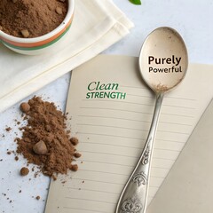Protein powder on spoon beside notebook for product advertisement