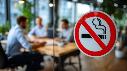 Close-up of a no smoking sign on glass door, red and white design clearly visible, background softly blurred showing people collaborating at a desk in a sunlit office