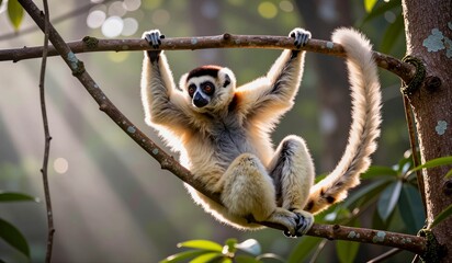 Fototapeta premium Lemur swings gracefully through sunlit forest, showcasing nature’s beauty and agility