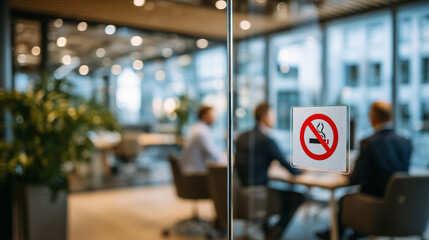 Glass office door displaying a white no smoking sign with red circle, team members softly blurred behind engaged in discussion, light-filled contemporary workspace