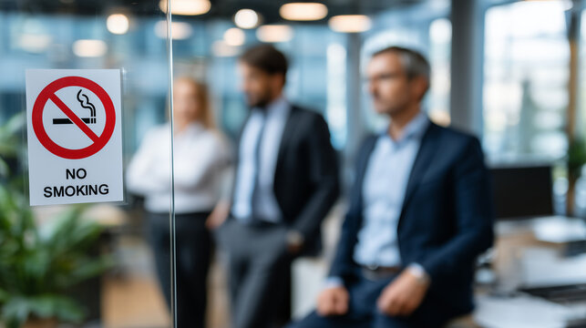 Glass office door featuring clear no smoking sign, soft-focus business team behind engaged in work, bright airy workspace emphasizing contemporary design and healthy environment