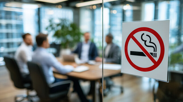 No smoking decal on glass panel, crisp red and white detail, employees in blurred background around a meeting table, modern office with open layout and abundant sunlight - Powered by Adobe