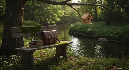 Serene Forest Scene with Bench and River.