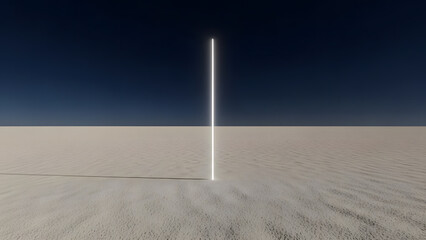 Beacon in the Void: A solitary vertical light column casts a stark shadow against a vast desert plain, symbolizing solitude and resilience in a minimalist composition.