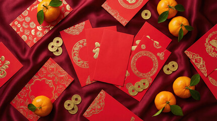 Celebration of Chinese New Year with red envelopes, oranges, and gold coins on a festive fabric backdrop